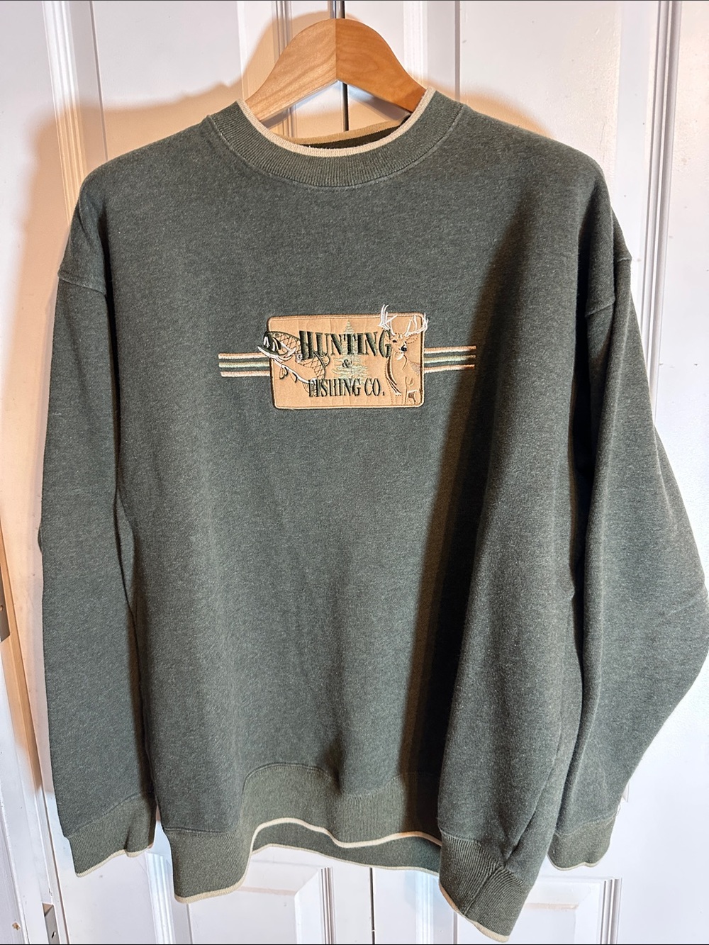 Classic Olive Green Crewneck Sweatshirt with Embroidered Patch